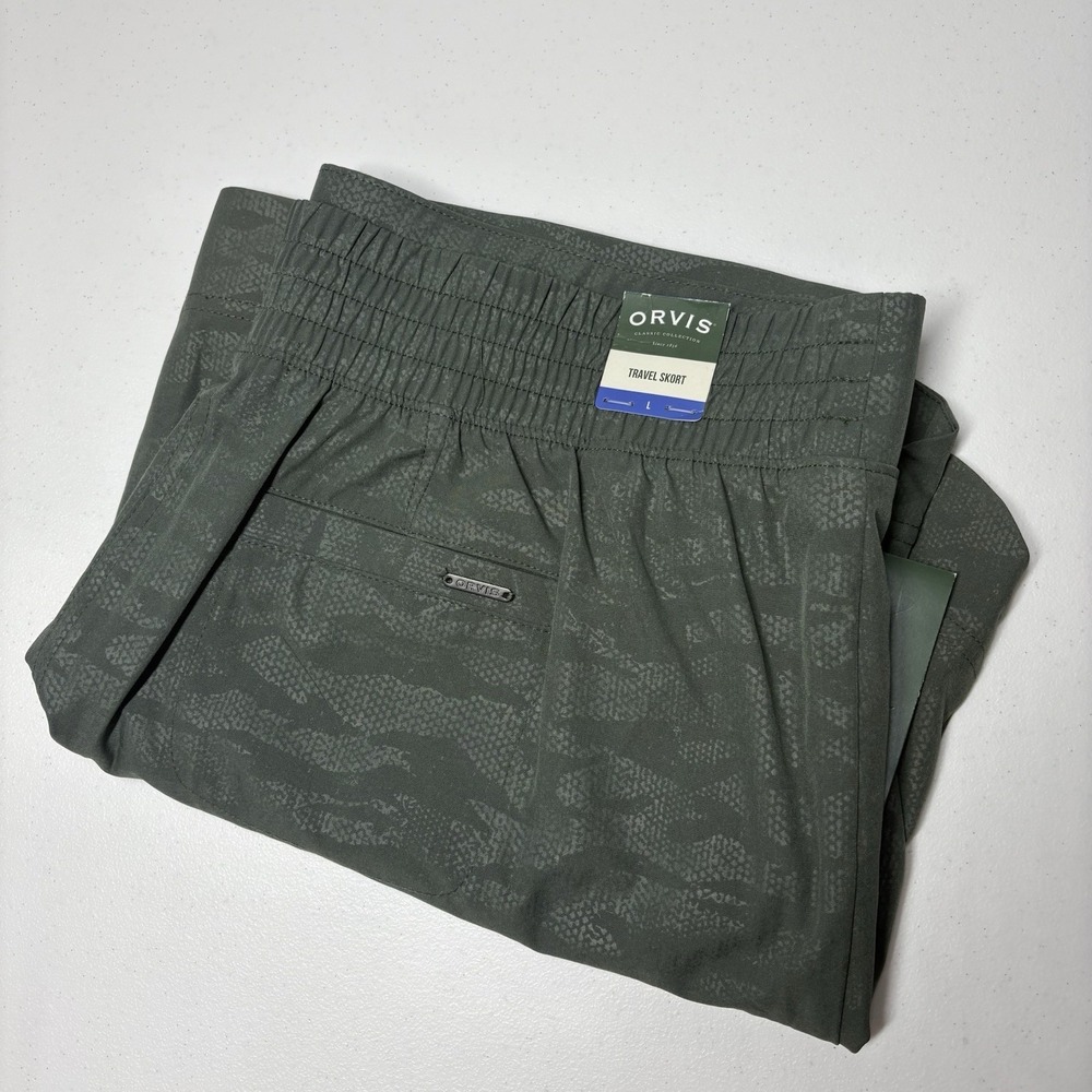 Orvis Womens Travel Skort Size L Green Camouflage Pull On Hiking Trails Pockets